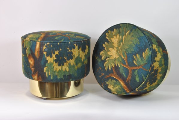 Round Poufs with Brass Bases and New Fabric, Italy, 1970s, Set of 2-WFB-1063844