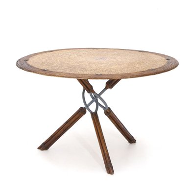 Round Rattan, Leather and Metal Table by Ramon Castellanos for Kalma, 1980s-EZ-987917