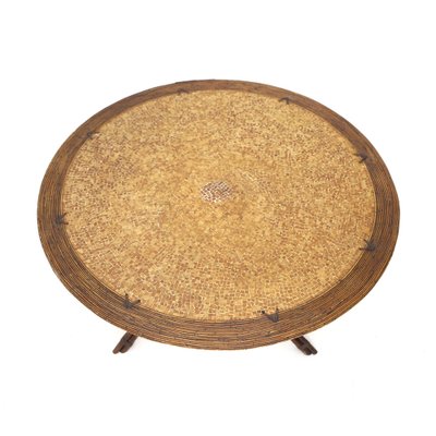 Round Rattan, Leather and Metal Table by Ramon Castellanos for Kalma, 1980s-EZ-987917