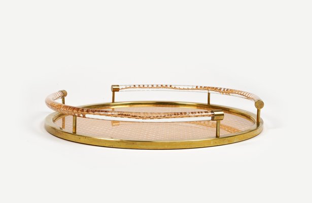 Round Serving Tray in Acrylic Glass, Rattan and Brass in the style of Christian Dior, Italy, 1970s-LYQ-1740754