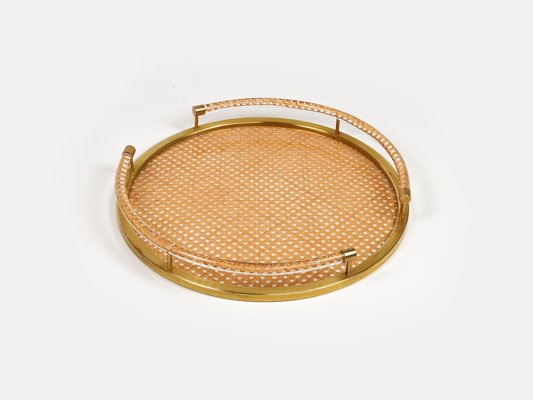 Round Serving Tray in Acrylic Glass, Rattan and Brass in the style of Christian Dior, Italy, 1970s-LYQ-1740754