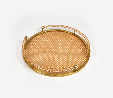 Round Serving Tray in Acrylic Glass, Rattan and Brass in the style of Christian Dior, Italy, 1970s-LYQ-1740754