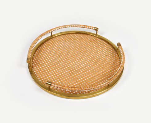 Round Serving Tray in Acrylic Glass, Rattan and Brass in the style of Christian Dior, Italy, 1970s-LYQ-1740754