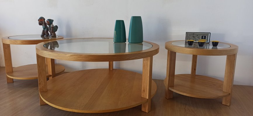 Round Tables with Glass Tops, 1980s, Set of 3-ZEF-2017493