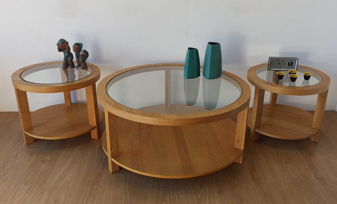 Round Tables with Glass Tops, 1980s, Set of 3-ZEF-2017493