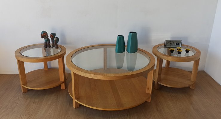 Round Tables with Glass Tops, 1980s, Set of 3-ZEF-2017493