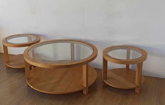 Round Tables with Glass Tops, 1980s, Set of 3-ZEF-2017493