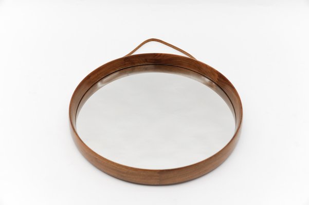 Round Wall Mirror in Teak and Leather, Sweden, 1960s-KQB-1764471