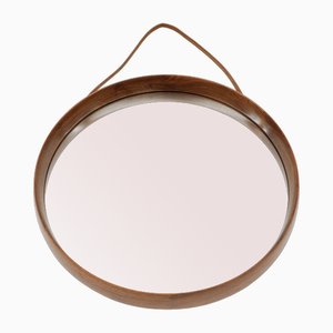 Round Wall Mirror in Teak and Leather, Sweden, 1960s-KQB-1764471