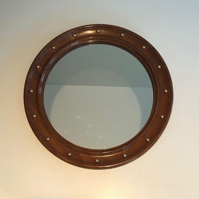 Round Wooden Mirror with Brass Details, 1950s-BA-1365330