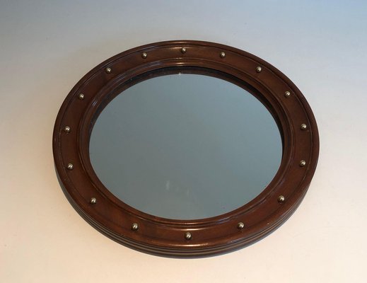 Round Wooden Mirror with Brass Details, 1950s-BA-1365330