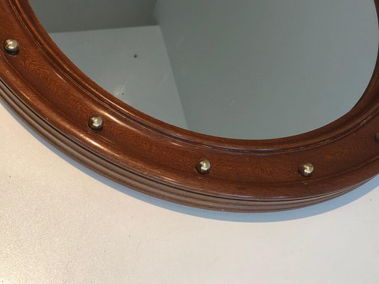 Round Wooden Mirror with Brass Details, 1950s-BA-1365330