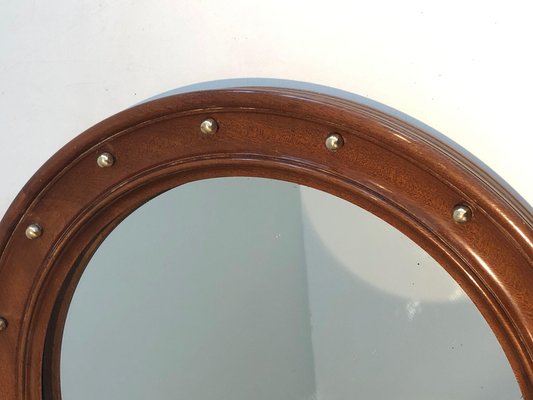 Round Wooden Mirror with Brass Details, 1950s-BA-1365330