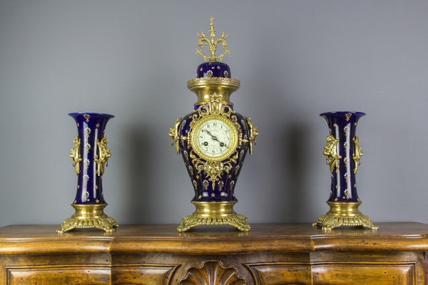 Royal Blue Mantle Clock Set from Boch Frères Keramis, 1920s, Set of 3-KEG-579025