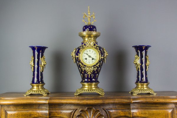 Royal Blue Mantle Clock Set from Boch Frères Keramis, 1920s, Set of 3-KEG-579025