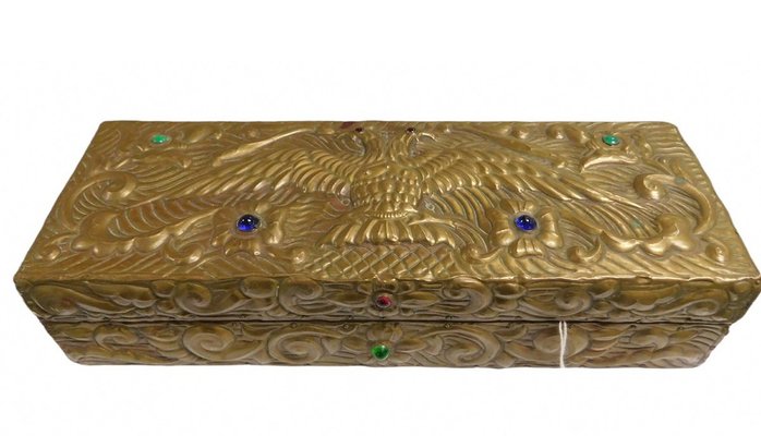 Russian Imperial Basma Eagle and Abramtsevo Semi-Precious Stones Wooden Box, 1900s-OZS-1396833