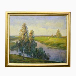 Russian School Artist, Landscape at the River, 1950s, Oil on Canvas-BCR-2036031