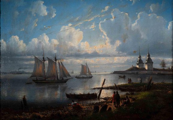 Russian School Artist, Sunrise Landscape with Boats, Original Oil Painting, 1861, Framed-ZCI-1379356