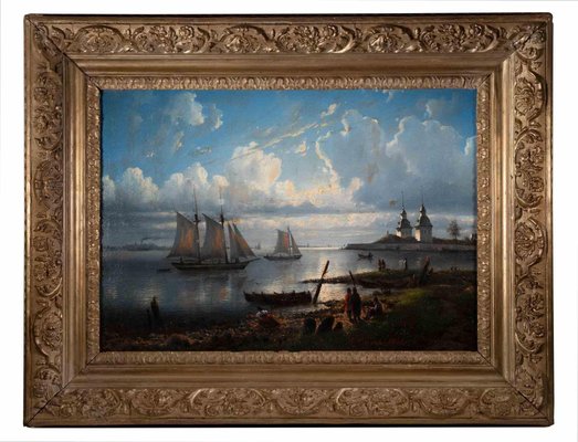 Russian School Artist, Sunrise Landscape with Boats, Original Oil Painting, 1861, Framed-ZCI-1379356