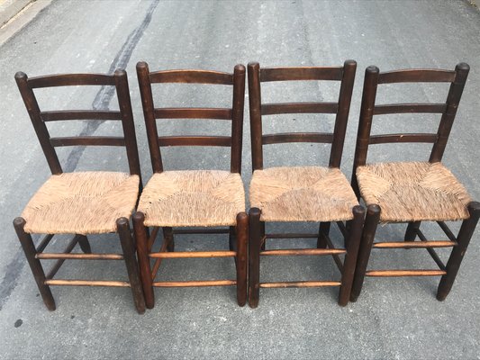 Rustic Chairs with Straw Seats, 1950, Set of 4-NER-1389499