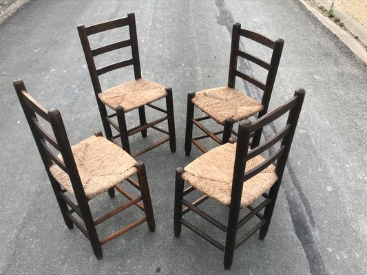 Rustic Chairs with Straw Seats, 1950, Set of 4-NER-1389499