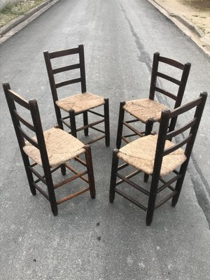 Rustic Chairs with Straw Seats, 1950, Set of 4-NER-1389499