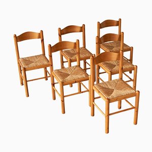 Rustic Chalet Chic Chairs in Pine and Rush by Vico Magistretti, 1970s, Set of 6-FEW-2028647