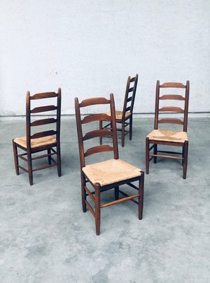 Rustic Ladder Back Oak and Rush Dining Chairs, 1960s, Set of 4-RQV-2033220