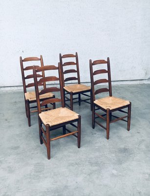 Rustic Ladder Back Oak and Rush Dining Chairs, 1960s, Set of 4-RQV-2033220