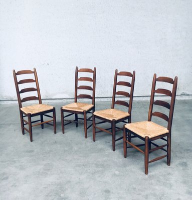 Rustic Ladder Back Oak and Rush Dining Chairs, 1960s, Set of 4-RQV-2033220