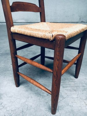 Rustic Ladder Back Oak and Rush Dining Chairs, 1960s, Set of 4-RQV-2033220