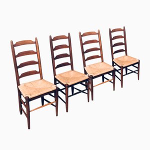 Rustic Ladder Back Oak and Rush Dining Chairs, 1960s, Set of 4-RQV-2033220