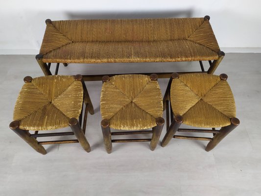 Rustic Style Bench and Stools by Charlotte Perriand, Set of 4-EAD-919488