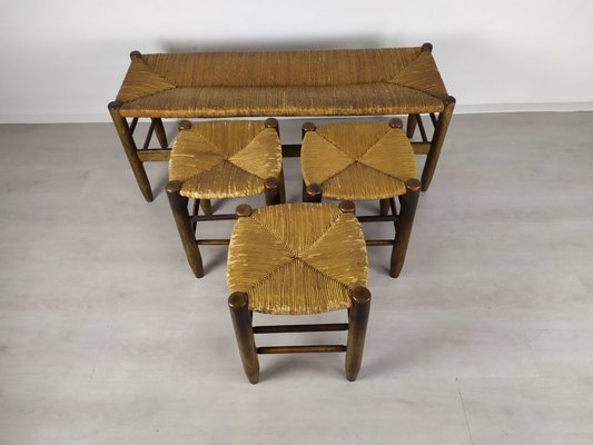 Rustic Style Bench and Stools by Charlotte Perriand, Set of 4-EAD-919488