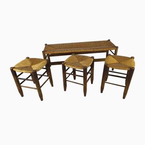 Rustic Style Bench and Stools by Charlotte Perriand, Set of 4-EAD-919488