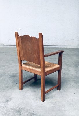 Rustic Travail Populaire Oak & Rush Armchair Set, Belgium, 1960s, Set of 2-RQV-2036283