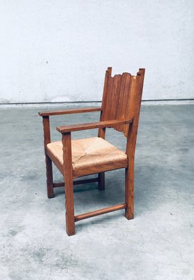 Rustic Travail Populaire Oak & Rush Armchair Set, Belgium, 1960s, Set of 2-RQV-2036283