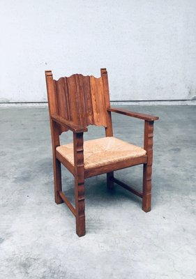 Rustic Travail Populaire Oak & Rush Armchair Set, Belgium, 1960s, Set of 2-RQV-2036283