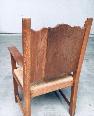 Rustic Travail Populaire Oak & Rush Armchair Set, Belgium, 1960s, Set of 2-RQV-2036283