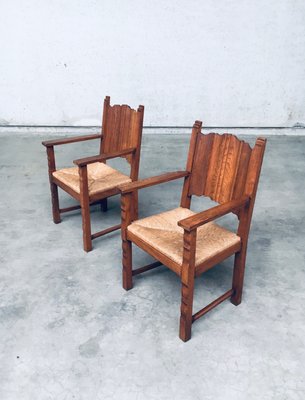 Rustic Travail Populaire Oak & Rush Armchair Set, Belgium, 1960s, Set of 2-RQV-2036283