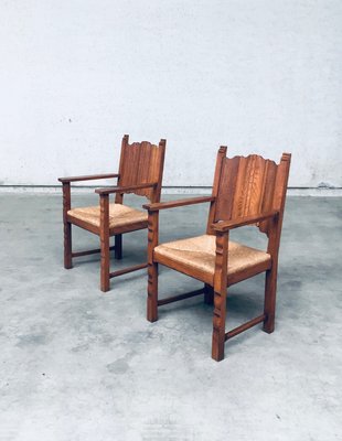 Rustic Travail Populaire Oak & Rush Armchair Set, Belgium, 1960s, Set of 2-RQV-2036283