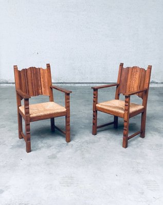 Rustic Travail Populaire Oak & Rush Armchair Set, Belgium, 1960s, Set of 2-RQV-2036283