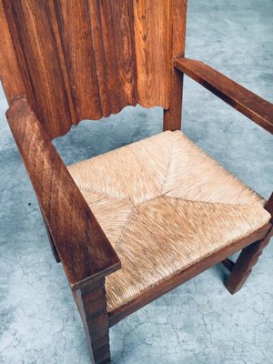 Rustic Travail Populaire Oak & Rush Armchair Set, Belgium, 1960s, Set of 2-RQV-2036283