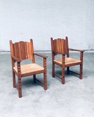 Rustic Travail Populaire Oak & Rush Armchair Set, Belgium, 1960s, Set of 2-RQV-2036283