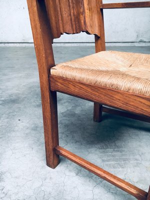 Rustic Travail Populaire Oak & Rush Armchair Set, Belgium, 1960s, Set of 2-RQV-2036283