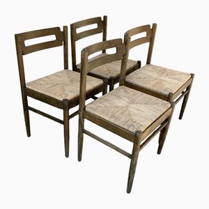 Rustic Wooden Dining Chairs with Straw Seats, 1970s, Set of 4-OXJ-1723150