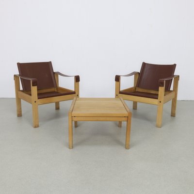 Safari Lounge Chairs in Leather with Coffee Table by Carl Heinz Bergmiller for Escriba Brazil, 1970s, Set of 3-RZV-1746988