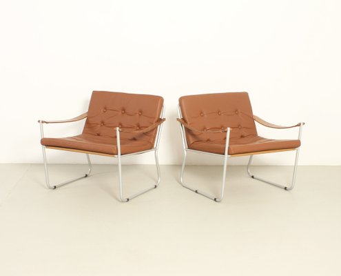 Safari Style Armchairs with Leather Strap Armrests, 1960s, Set of 2-UB-1806153