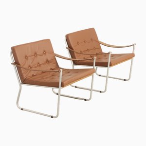 Safari Style Armchairs with Leather Strap Armrests, 1960s, Set of 2-UB-1806153