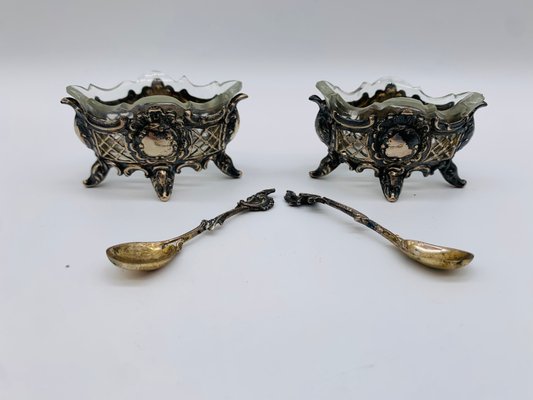 Salt Bowls with Spoons and Glass Inserts, 1890s, Set of 4-BZB-2031483